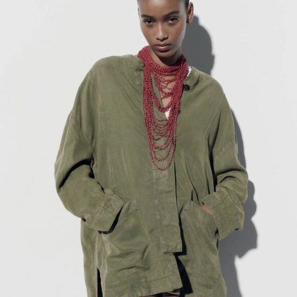Zara Linen blend Jacket with Pockets Khaki, Medium, Like New - Picture 2 of 6